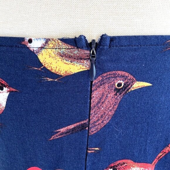 Handmade bird print swing dress rockabilly cotton sundress navy flowers 10, M/L - Picture 5 of 5
